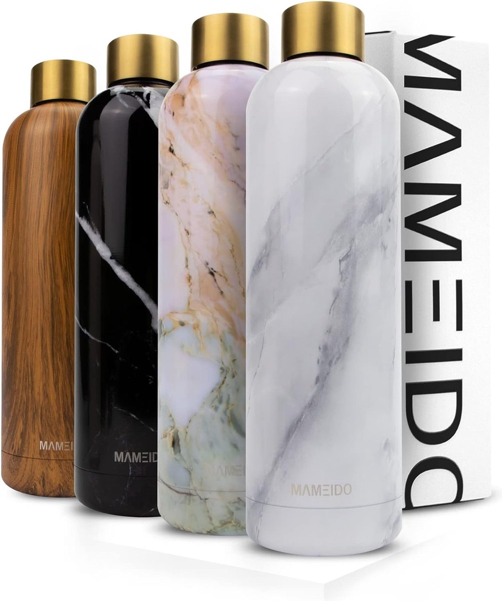 Drinkfles roestvrij staal 1l, 750ml & 500ml - lekvrije thermosfles 1l, geschikt voor koolzuur, BPA-vrij, isolatiefles 1 l, 12 uur warm & 24 uur koud (White Marble Gold, 1l) - MAMEIDO
