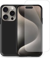 Hoesje geschikt voor iPhone 15 Pro + Screenprotector – Tempered Glass - Liquid Back Case Cover Zwart