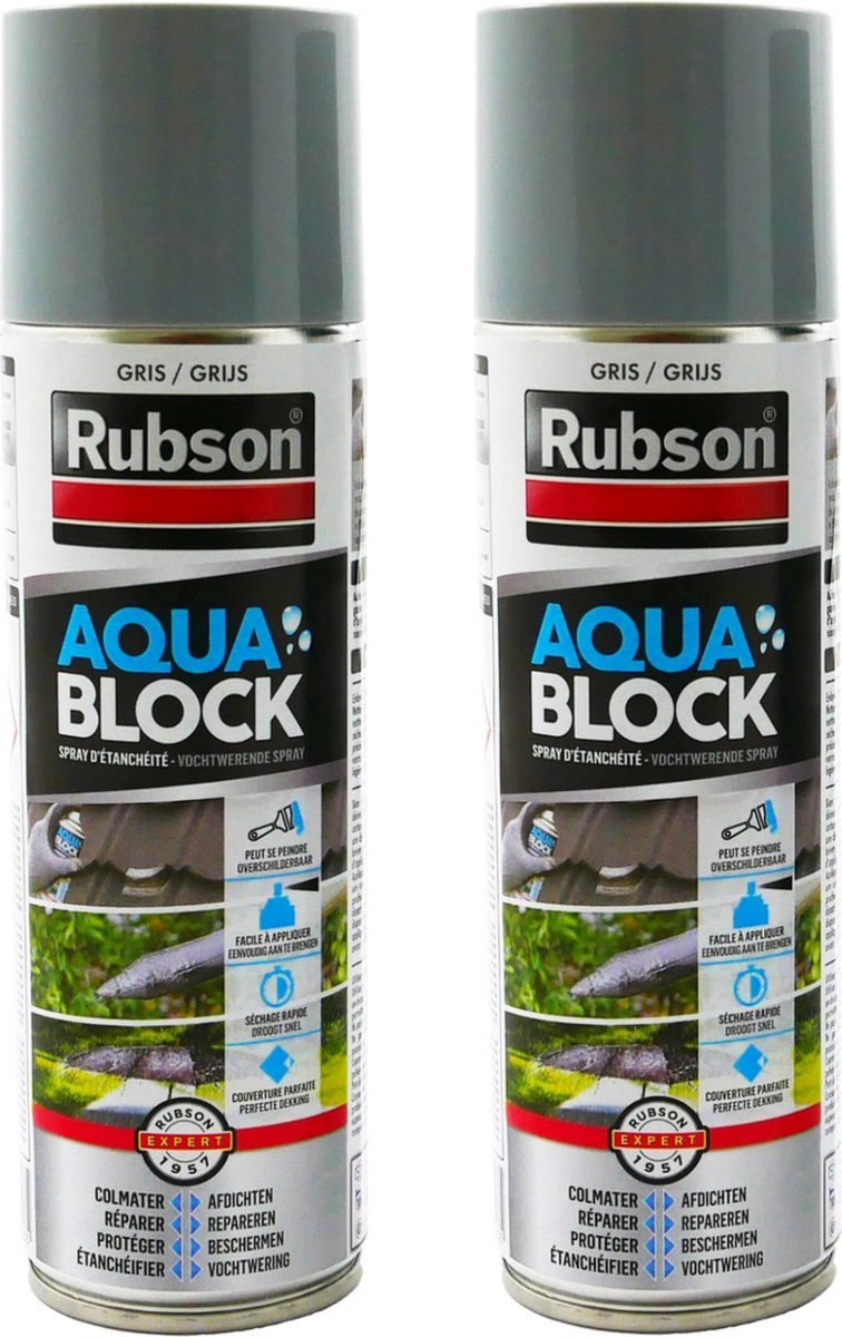 Rubson aquablock spray - grijs - rubber spray - rubber coating - sneldrogend - 2 x 300 ml - Rubson