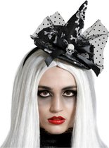 Halloween heksenhoed - mini hoedje op diadeem - one size - zwart/wit - meisjes/dames - verkleed accessoires