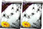 Fiestas Decoratie spinnenweb/spinrag met spinnen - 4x - 100 gram - wit - Halloween/horror thema versiering