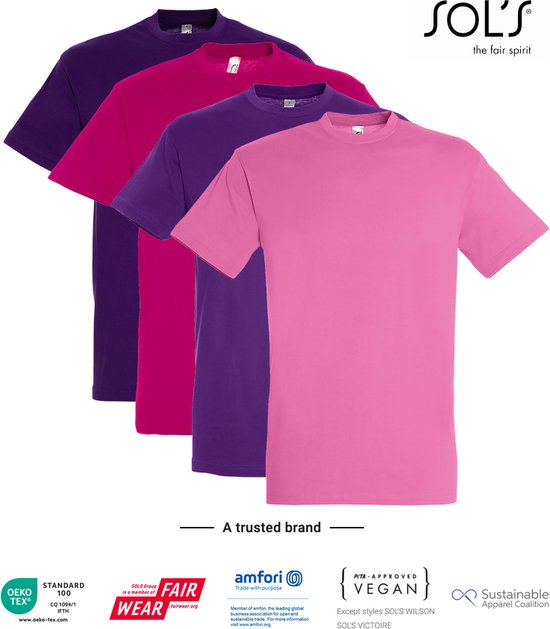 4 Pack SOLS Heren T-Shirt 100% katoen Ronde hals, Licht Paars, Donker Paars, Fuchsia, Roze Maat M