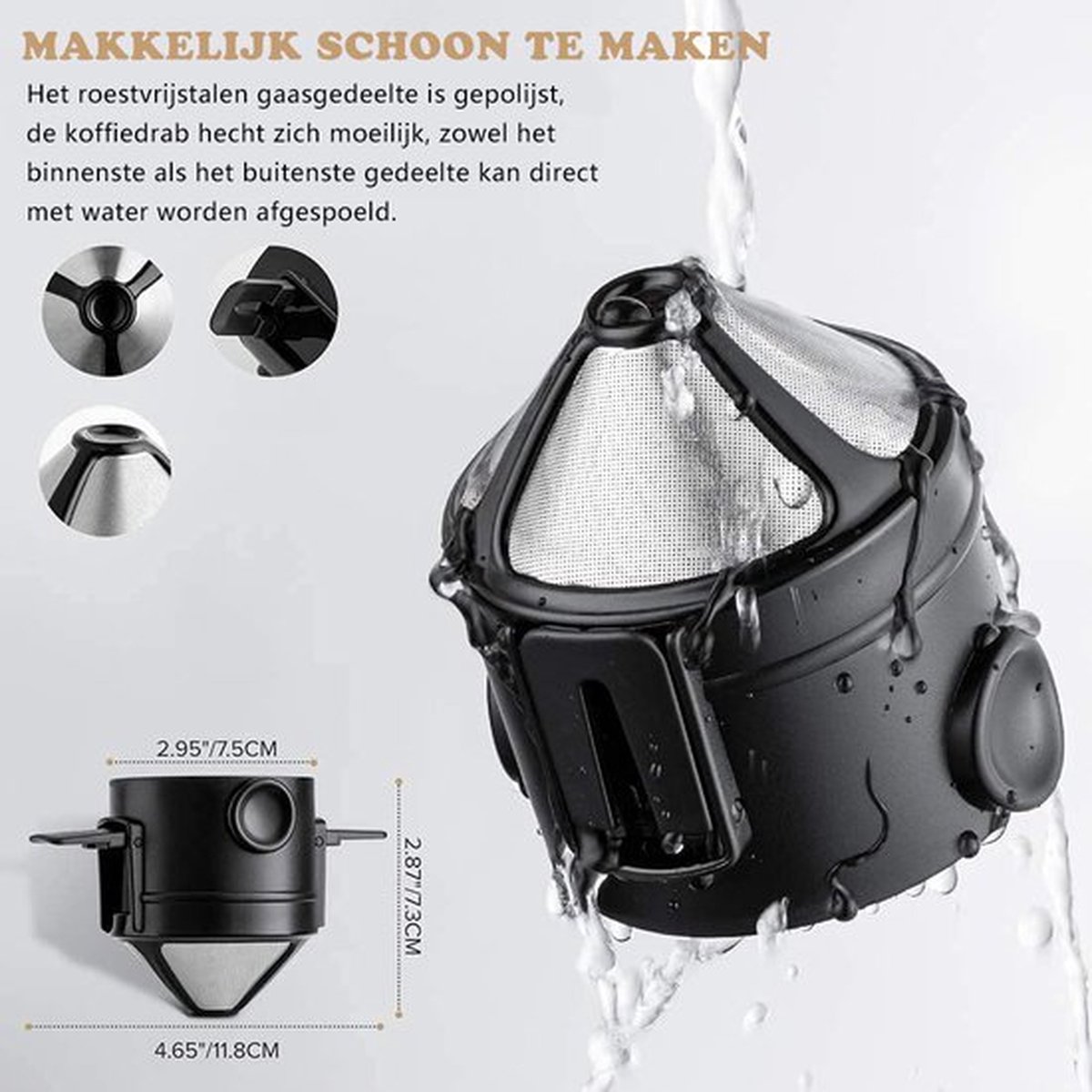 Koffiefilter - Koffiefilterhouder Set van 2 - RVS - Permanent Koffiefilter-herbruikbaar - geen filterpapier nodig - voor het kamperen thuis kantoor reizen - Zwart & Wit — cadeau in Kookcadeaus - foto 3