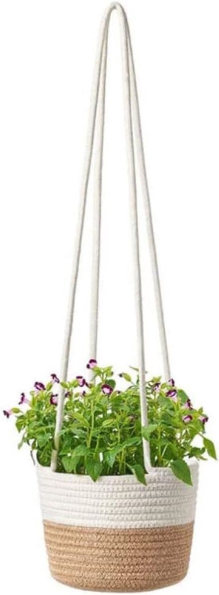 BEIJIALY 2-pack Zeegras Hangende Plantenbakmand, Rotan Geweven Plantenhanger, Rotan Hangende Plantenbak Macrame Plantenhanger, Bloempothouder voor Tuin, Buiten, Binnen,(Bruin