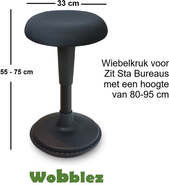 Wobblez® Wiebelkruk - Ergonomische kruk voor Zit Sta Bureau met een hoogte 80-95 cm - kruk in hoogte verstelbaar van 55-75 cm - Zwarte wiebelkruk met Zwarte zitting - Wobblez