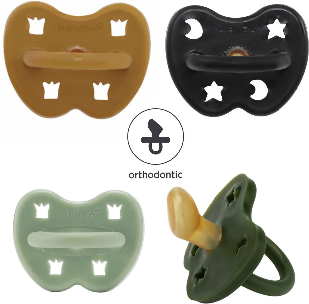 Goedkoopste HEVEA - Fopspeen - Orthondontisch - Tumeric, Black, Moss green en Deep Forest -3-36 mnd - 100 natuurrubber