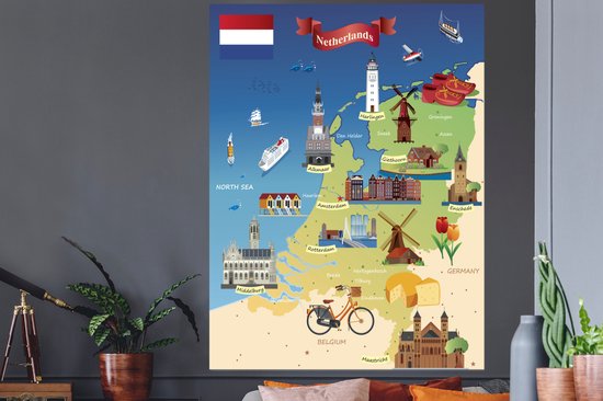 Muurstickers - Sticker Folie - Kaart met bezienswaardigheden in Nederland - 120x160 cm - Plakfolie - Muurstickers Kinderkamer - Zelfklevend Behang XXL - Zelfklevend behangpapier - Stickerfolie