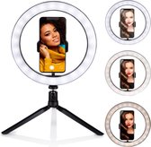 Grundig Ring Lamp sur Trépied - Selfie Ring Light - ⌀ 25 CM - 3 Couleurs de Lumière - 11 Niveaux de Luminosité - Col Flexible - Fonctionnement sur Câble - Chargement USB - Support Téléphone - Trépied - Eclairage LED