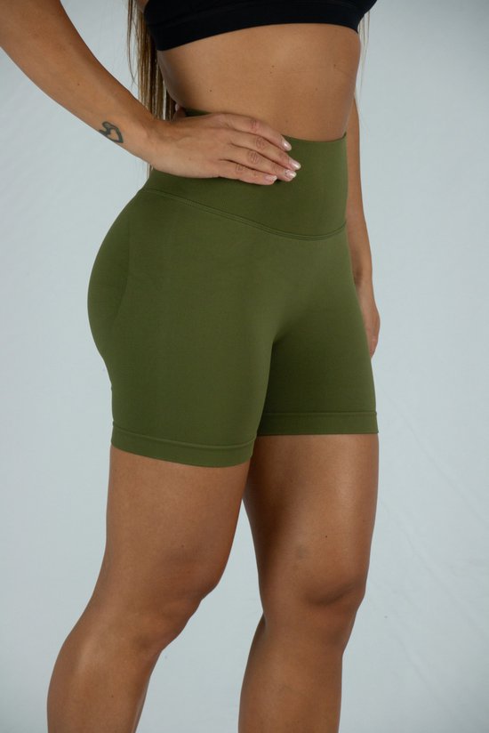 Gymhunterz - Fitness short - Shorts met hoge taille - Shorts Gym Sport - Hardloop - Yogashorts voor dames - Sneldrogend, ademend en rekbaar - Spandex / Nylon - Kleur Khaki Maat L