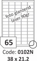 R0119.0102N.A Rayfilm Hoogglans zelfklevende etiketten voor laser 80gr 38x21.2 mm - 65 per blad - 6500 etiketten per doos van 100 vel