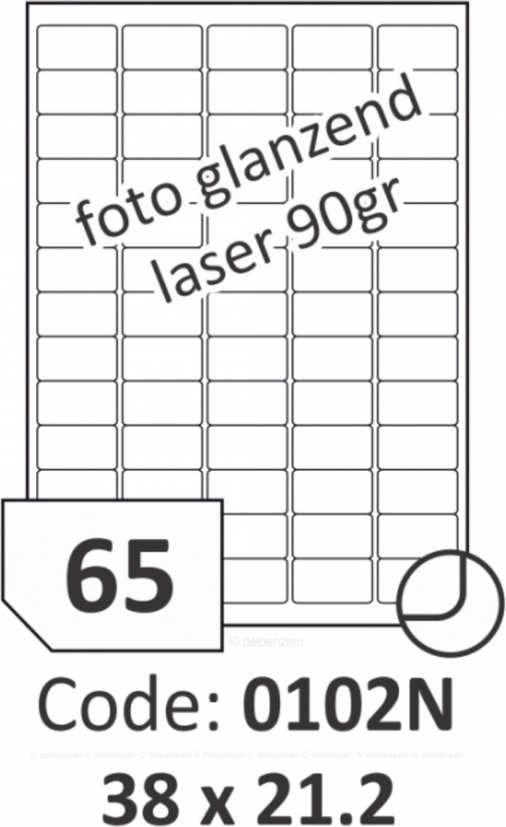 R0119.0102N.A Rayfilm Hoogglans zelfklevende etiketten voor laser 80gr 38x21.2 mm - 65 per blad - 6500 etiketten per doos van 100 vel