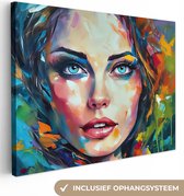 Canvas Schilderij Gezicht - Vrouw - Olieverf - Kleurrijk - Kunst - 120x90 cm - Wanddecoratie