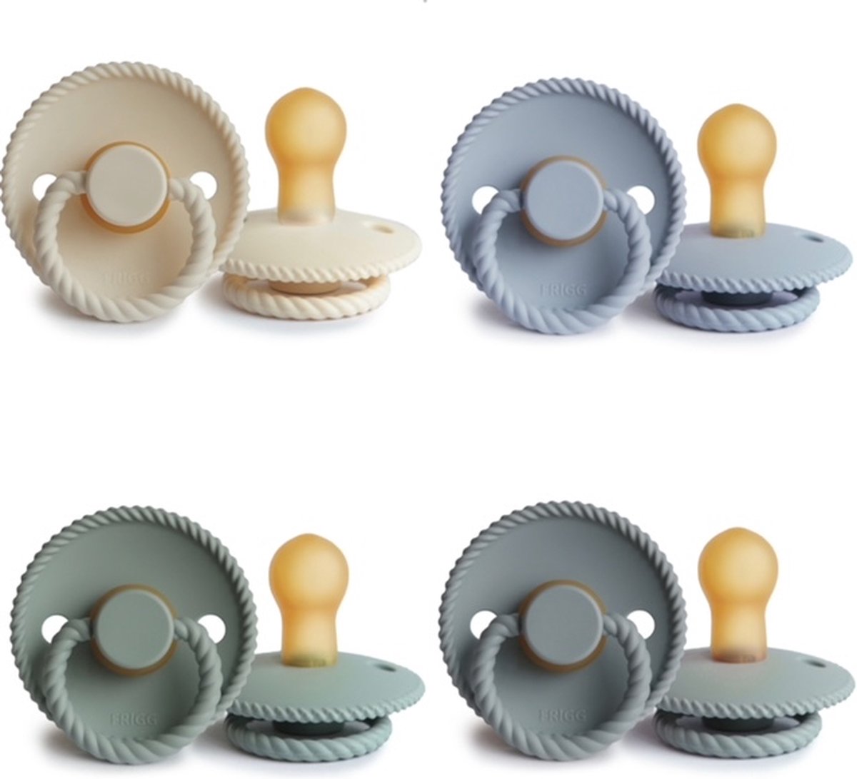Goedkoopste FRIGG ROPE Fopspeen set 4 stuks Cream,Sage,Powder Blue en French Gray 0-6 maand