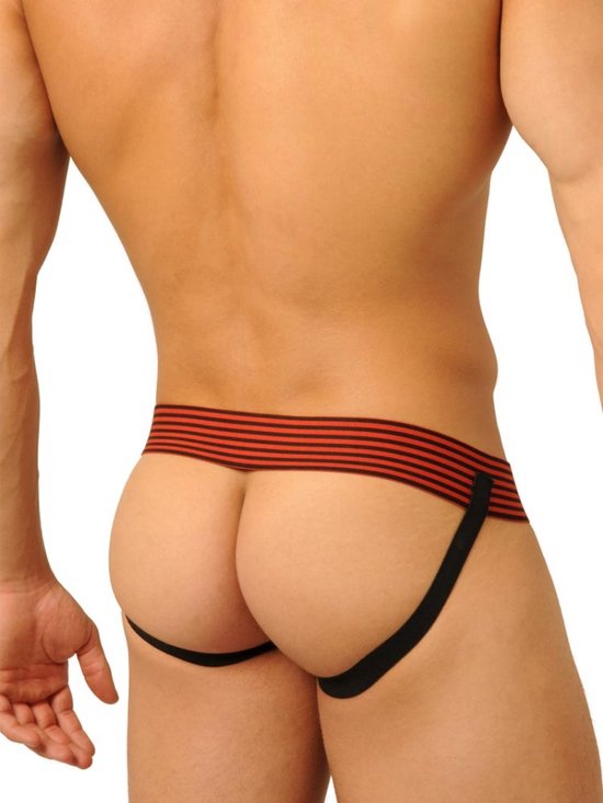 Jockstrap en cuir noir/rouge taille large