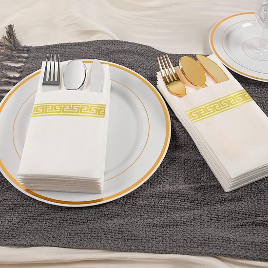 50 Stuks Wegwerp Linnen Gevoel Servetten Met Ingebouwde Bestekzak Phunat Bruiloft Feest Wit En Goud Servet Voorgevouwen Feestservetten 40 X Cm 1700609577
