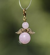 Ange gardien fabriqué avec du quartz rose (pierre semi-précieuse), couleur or, ange porte-bonheur.