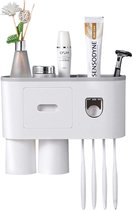 Tandenborstelhouder, tandenborstelhouder voor wandmontage met dubbele automatische tandpastadispenser, 4 borstelsleuven, 2 magnetische bekers en opbergorganizer