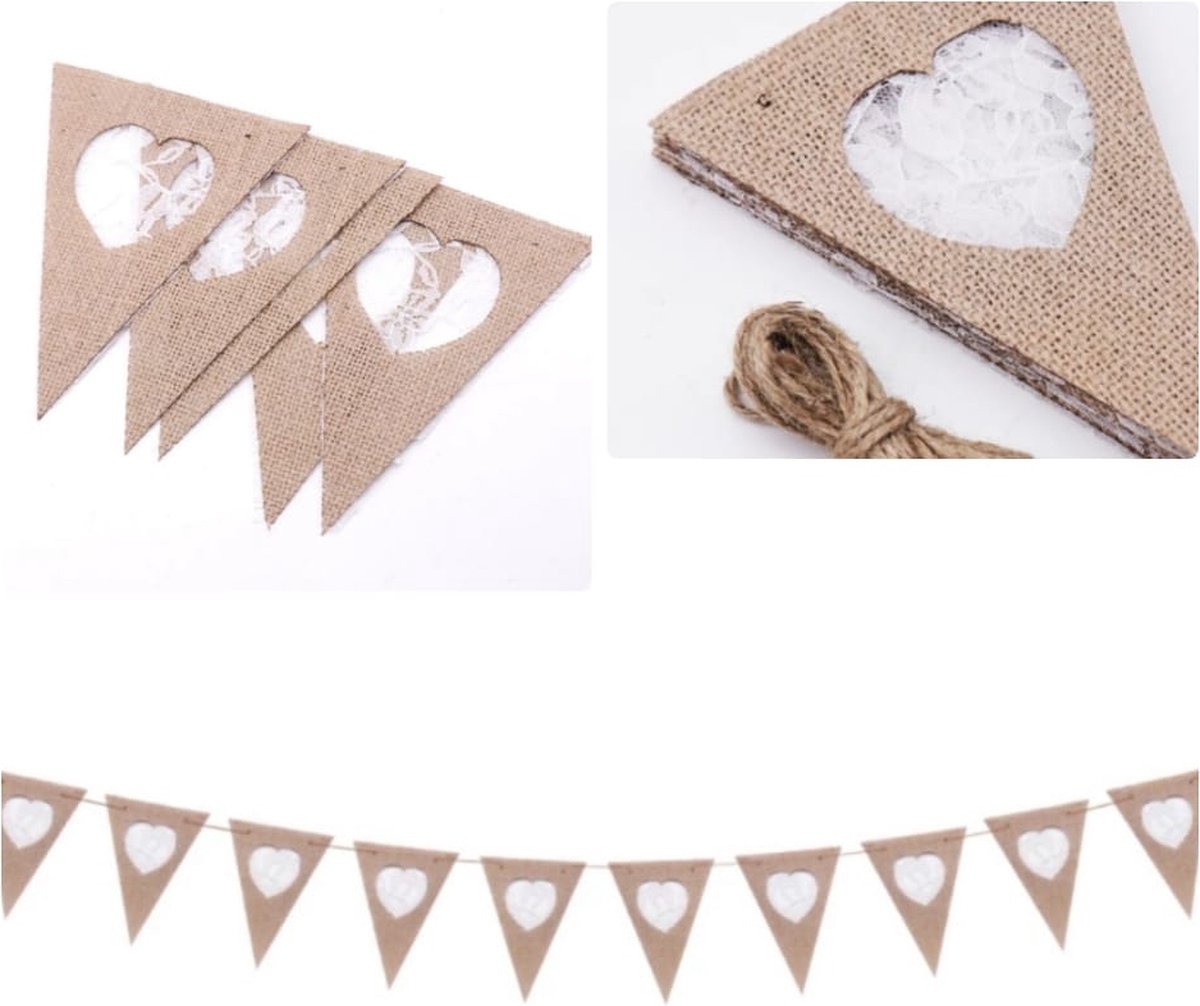 Mooie Vlaggenlijn Jute & Kant Hartje | 12 Vlaggetje Vintage| -Youhomy feestartikelen Mariage - Huwelijk - Geboorte - Feest - Verjaardag - Jubileum - Bruiloft - Babyshower - Event - Wedding - Birthday party - Tuin - Tuinfeest - Veranda - Wedding decor
