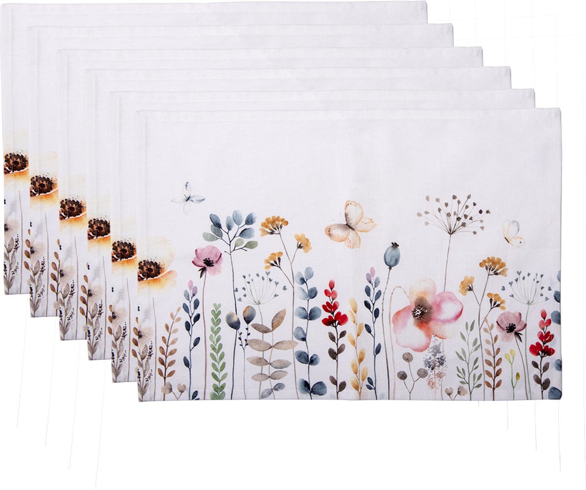 Clayre & Eef Placemats Set van 6 48x33 cm Wit Groen Katoen Bloemen