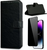 Casemania Hoesje Geschikt voor Apple iPhone 15 Pro Zwart & Privacy Screenprotector- Portemonnee Book Case - Kaarthouder & Magneetlipje