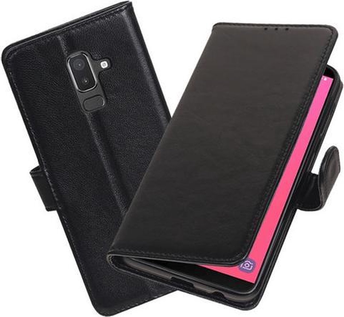 Echt Lederen Hoesje Wallet Case voor Samsung Galaxy J8 (2018) Zwart