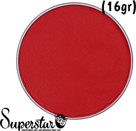 Rood compact schminkpoeder in zilveren bakje met Superstar logo en '(16gr)'.
