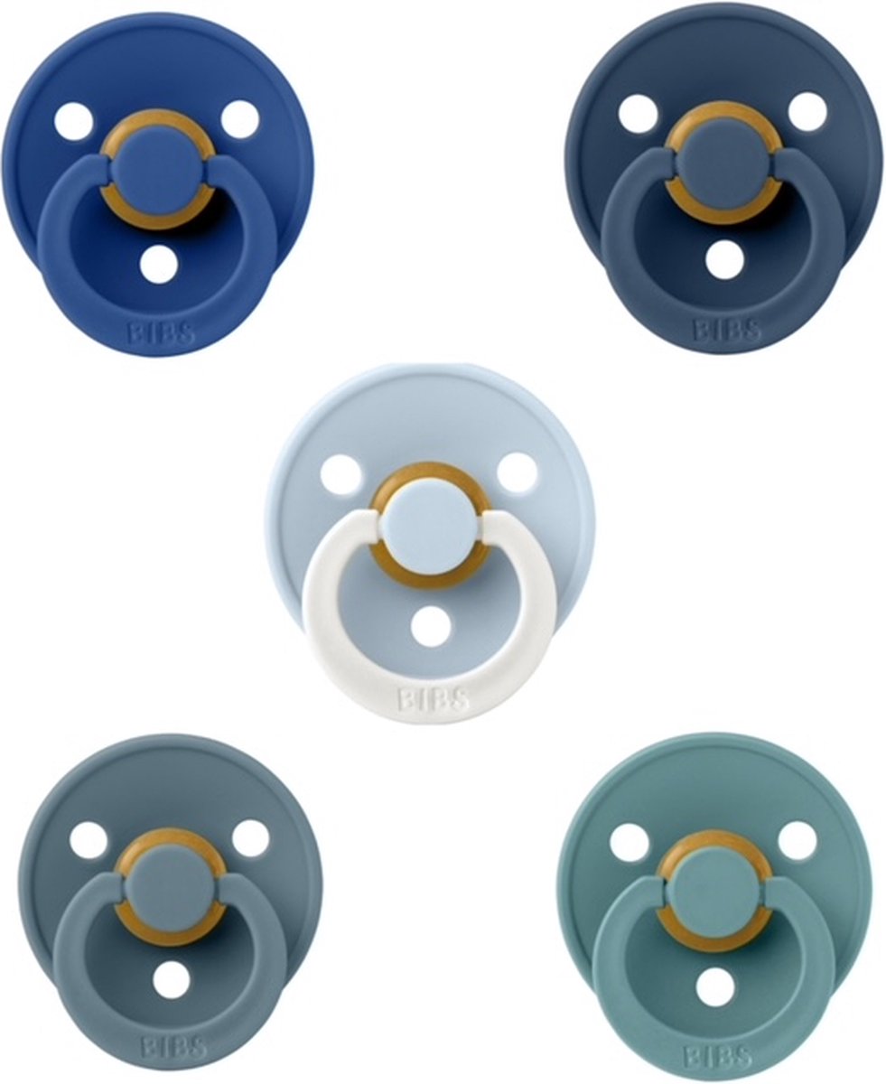 Goedkoopste Bibs fopspenen 6-18 maand set 5 stuks Cornflower,Steel Blue,Deep Space,Black en Night Glow Baby Blue maat 2