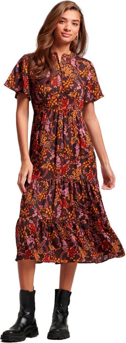 Superdry Printed Tiered Midi-jurk Met Korte Mouwen XS Vrouw Zwart
