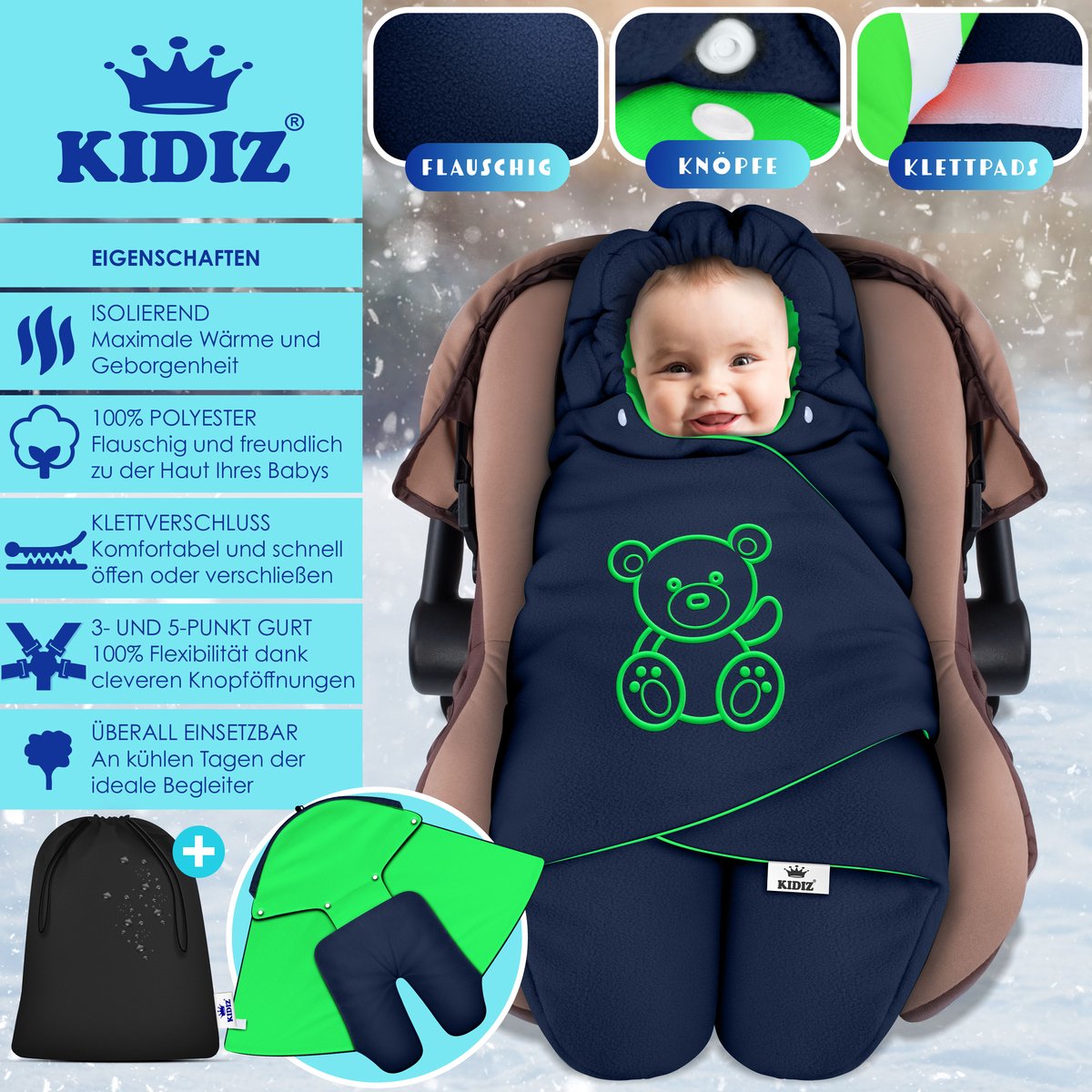 KIDIZ® Baby Slaapzak voor Buggy Voetenzak voor Autostoeltje & Wandelwagen Babyschaal, voor Winter met Kap + Babyslaapzak Deken voor Maxi-Cosi & Kinderwagen alle Gordelsystemen 3 & 5-Puntsgordel - Marineblauw / Groen – foto 5