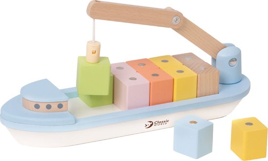 Classic World houten blokkenboot met kraan - magnetisch speelgoed 13-delig.