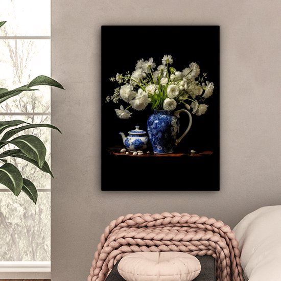 Tableau sur toile Fleurs - Pichet - Bleu de Delft - Nature morte - 60x80 cm - Décoration murale