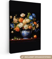 Canvas Schilderij Bloemen - Vaas - Stilleven - Hollands - Oranje - 80x120 cm - Wanddecoratie