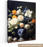 Canvas Schilderij Bloemen - Stilleven - Rozen - Delfts blauw - Vaas - 30x40 cm - Wanddecoratie