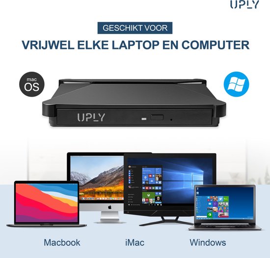 Zwarte UPLY externe DVD-speler, compatibel met Mac OS, iMac, Macbook en Windows computers. Strak, plat design.