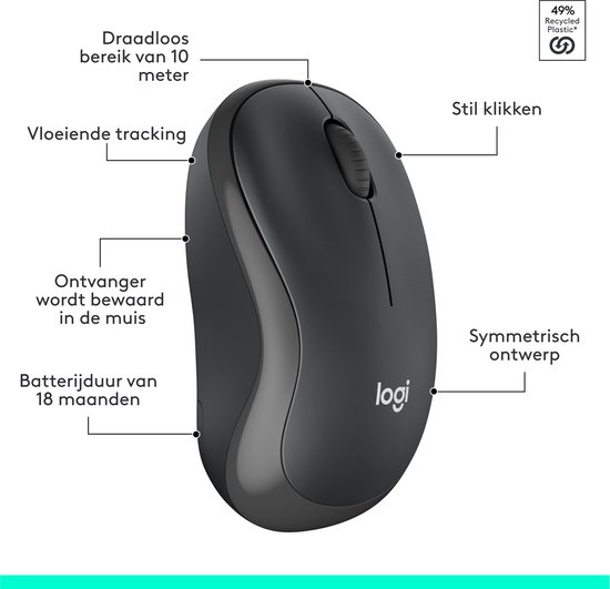 Zwarte Logitech draadloze muis met scrollwiel, symmetrisch ontwerp en Logitech-logo.