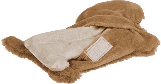 Bruin pluche teckel warmtekussen met crèmekleurig kersenpitkussen, liggend op klittenband hoes.