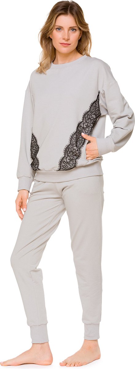 Dames Huispak Grijs-Sweater & Joggingbroek-Katoenmix-Kanten Details-Maat M