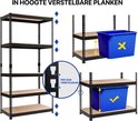 Afbeelding toont een zwarte metalen stellingkast met 5 in hoogte verstelbare planken. Een blauwe bak wordt getoond op verschillende hoogtes.