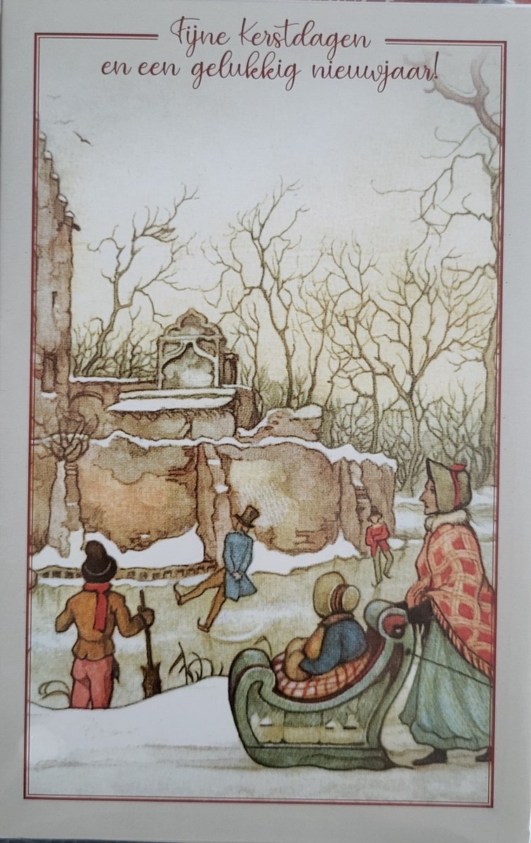 Kerstkaarten - kerstkaart Anton Pieck - 8 dubbele wenskaarten met 8 enveloppen - ijsschaatsen slee