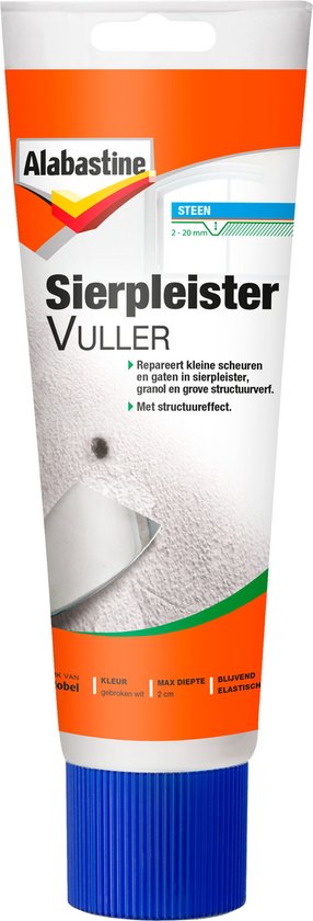Alabastine Sierpleister Vuller tube, wit met blauwe dop. Repareert scheuren en gaten, met structuureffect.