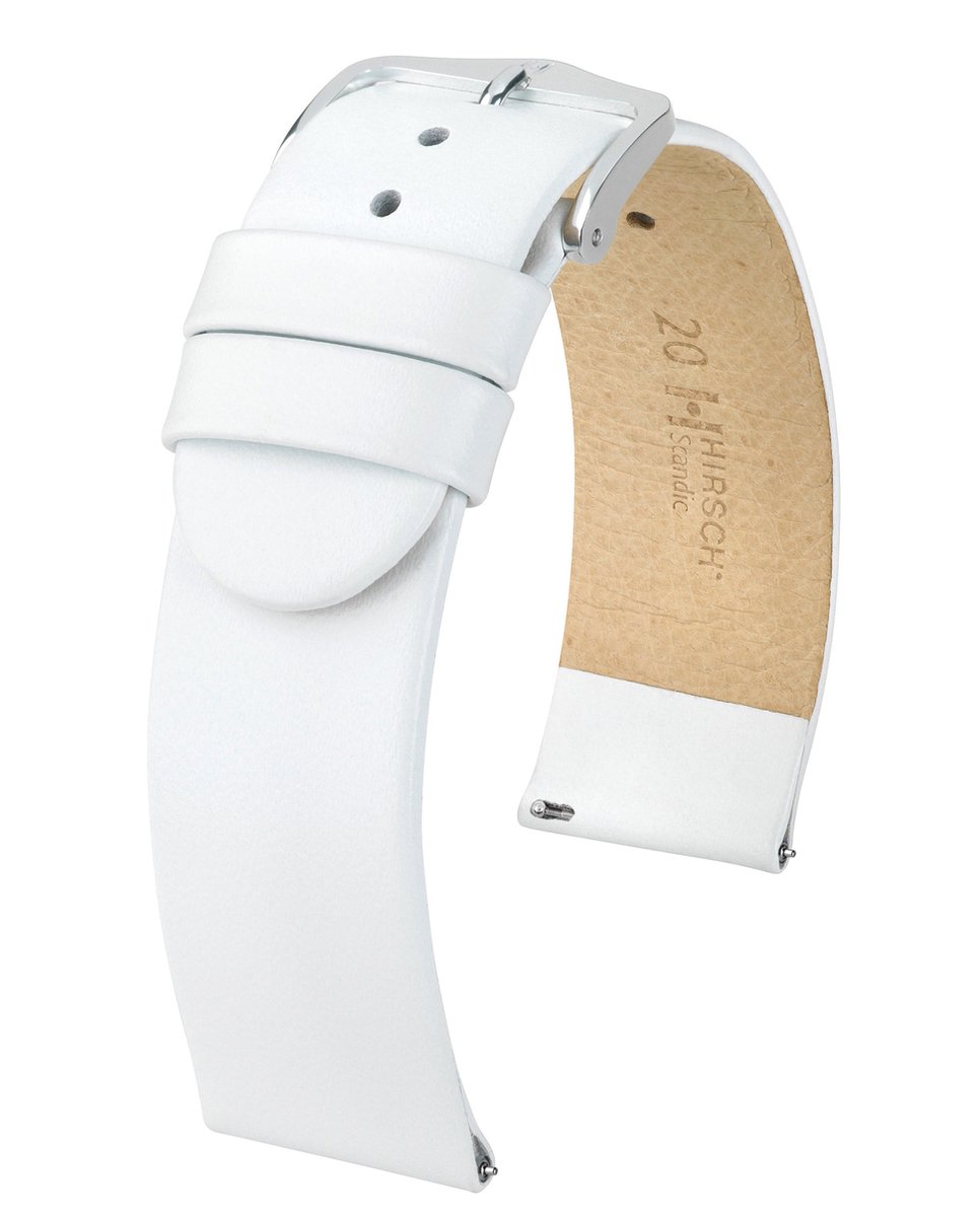 HIRSCH Scandic Horlogebandje - Italiaans kalfsleer, 16 mm Breedte bevestiging, wit - glanzend zilver Sluit - moderne stijl, Scandinavisch ontwerp, past op Huawei Watch Fit 2 mini