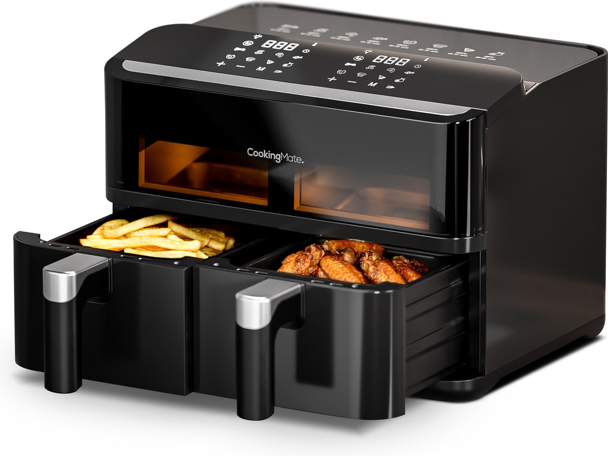 CookingMate Dubbele Airfryer - Dual Zone - 9L - Airfryer XXL - Heteluchtfriteuse - 2 x 4.5L - 10 Kookprogramma's - Friteuse - Dubbele Mand Airfryers - Zwart