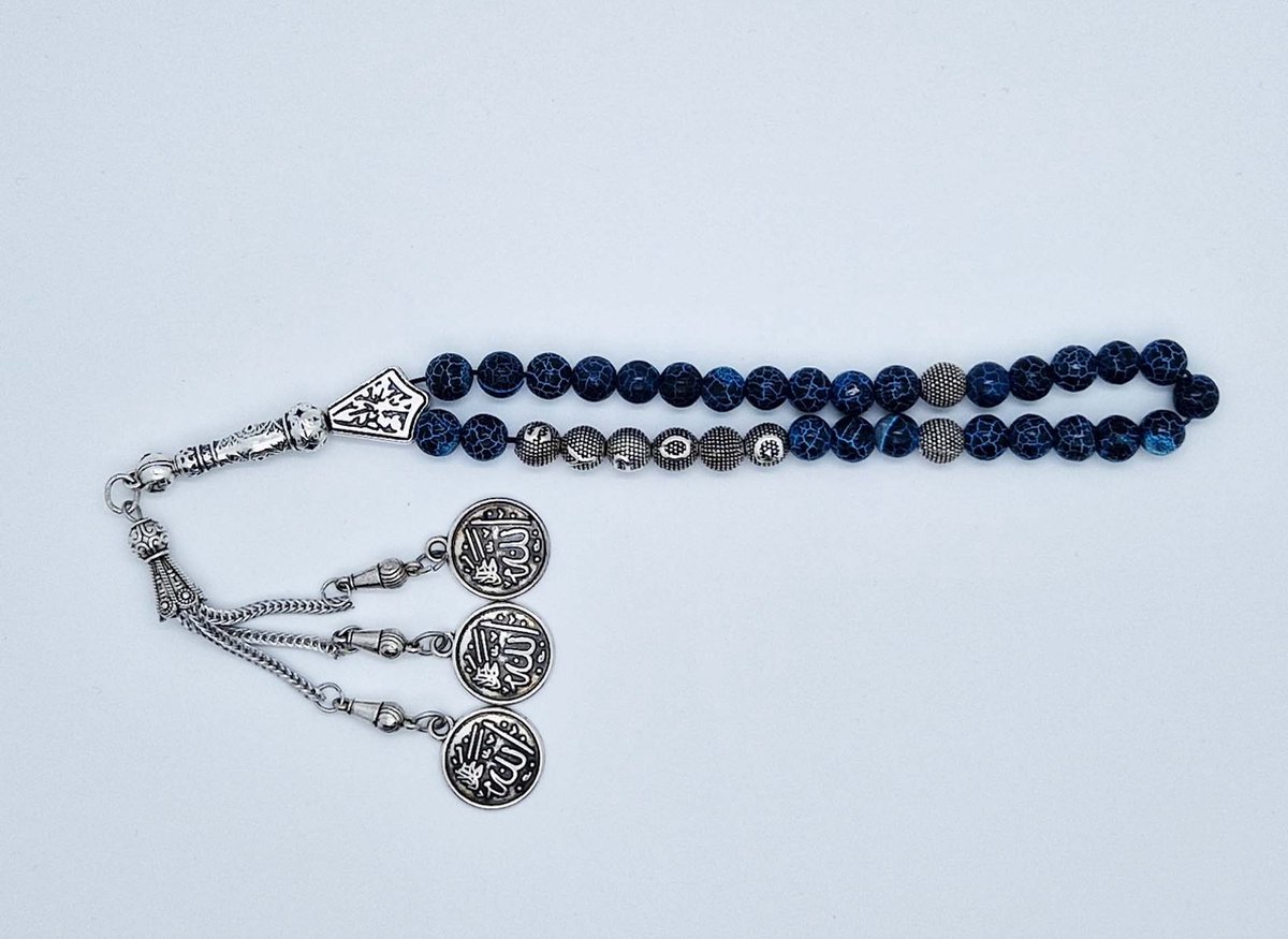 Handgemaakte naam tasbih 33 Kralen Natuursteen “ Blauwe harmonie” - met metaal tassel “Allah jala jalaluh"- Met je naam of de naam van uw geliefde- 8 mm diameter van de korrel