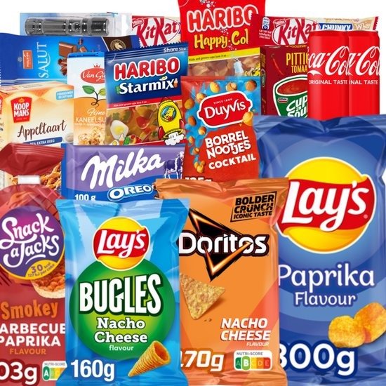 Kerstpakket XXL - Snackpakket - Overvloedig Pakket vol Snoep en Chips - Boordevol lekkere Producten - Gevuld met 18 Artikelen