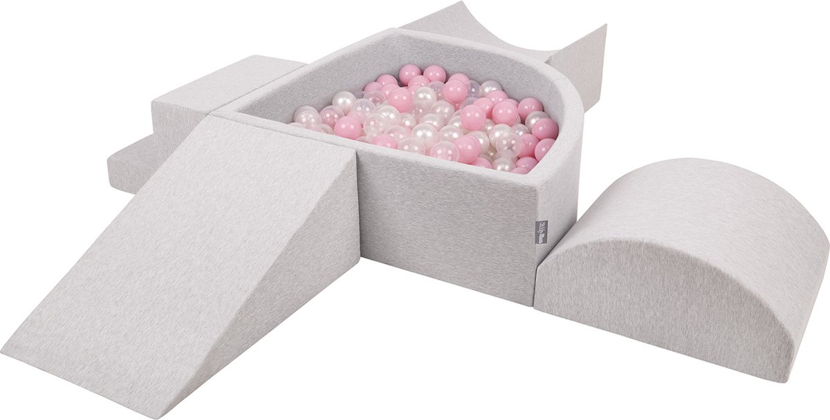 KiddyMoon Schuimspeelplaats met kwartcirkelvormig Ballenbad - ∅7cm 300 Ballen - Speeltoestel met Helling Wig Halve rol Trede - Ballenbak ballen voor baby - Schuimspeelset voor kinderen - Hindernisbanen - Lichtgrijs: Poederroze Parel Transparant
