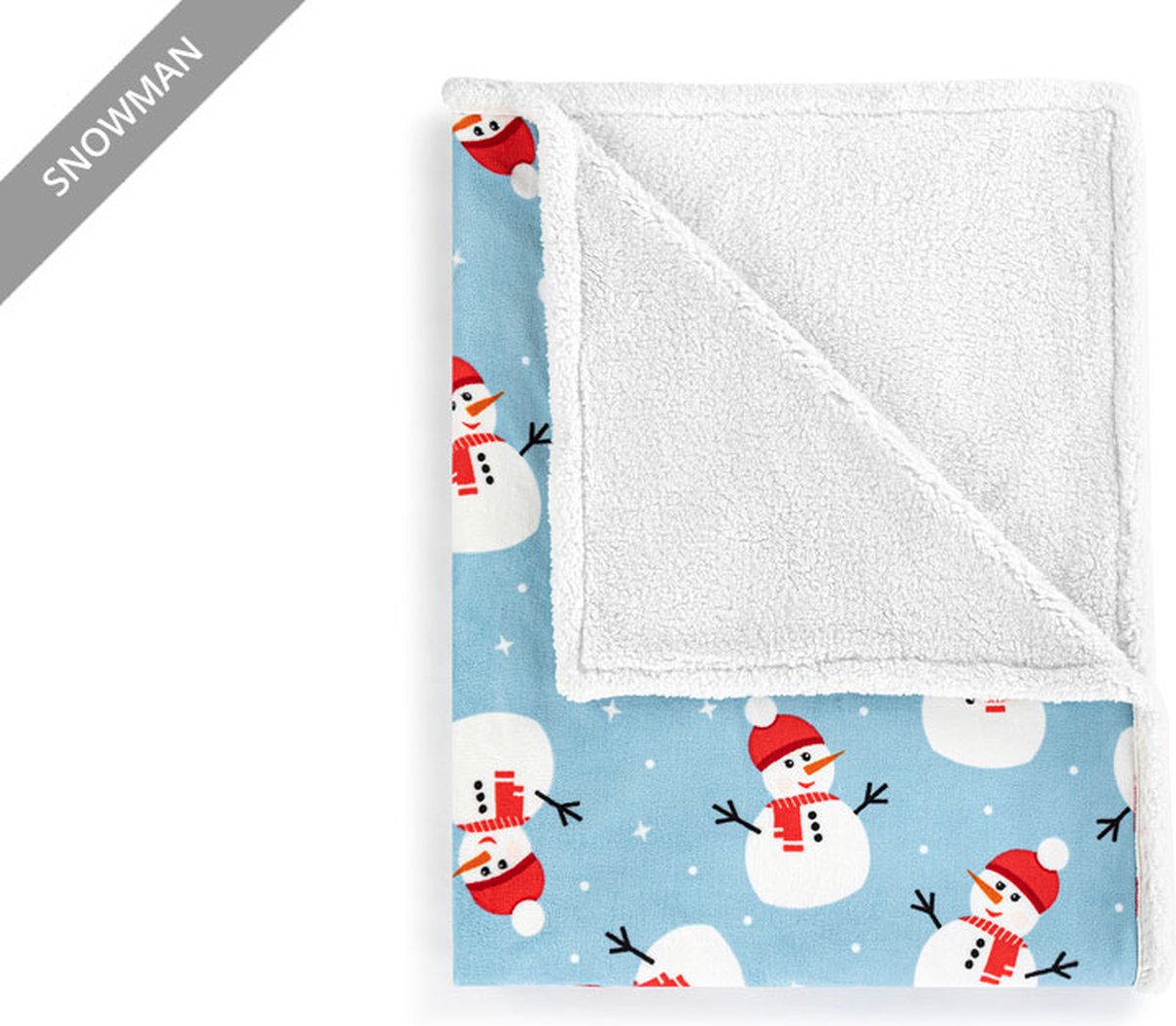 Hom&Com Kerst Plaid - Fleece en Sherpa - Snowman Blue-Red - Groot 130x170 cm