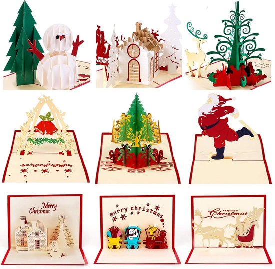 LOMIMOS 6 stuks 3D-kerstkaarten met enveloppen, pop-up kaart, Kerstmis