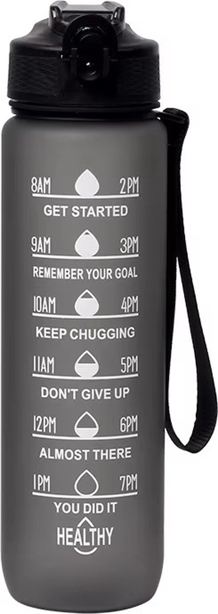 Motivatie Waterfles Zwart - 1 Liter Drinkfles - Waterfles - Waterfles met tijdmarkering - BPA Vrij - Volwassenen - Drinkfles Kinderen op Prijzenvolger.com