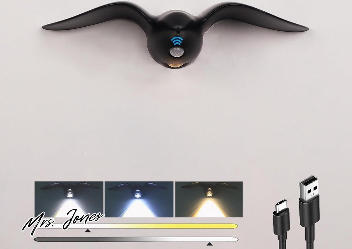 Mrs. Jones Oplaadbare wandlamp met bewegingssensor - Indoor LED Dimbare Muurlamp - Waterdichte Meeuw Licht Muur - Draadloze Muurlamp voor Woonkamer - Trappenhuis Hal .