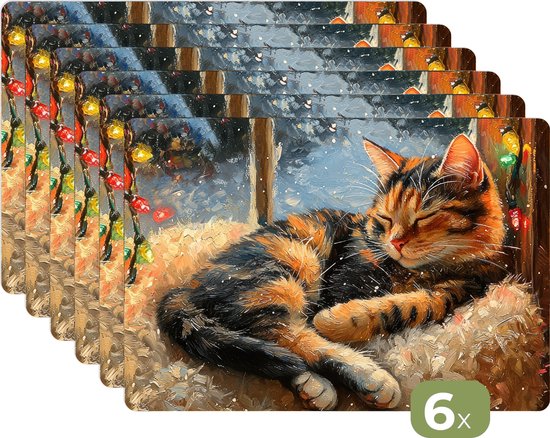 Napperons - 6 pièces - 45x30 cm - Set de table en plastique - Chat - Noël - Hiver - Animal - Sets Assiettes - Décoration pour la table - Accessoires de décoration de table de Cuisine - Tapis en Vinyl - Décoration de table